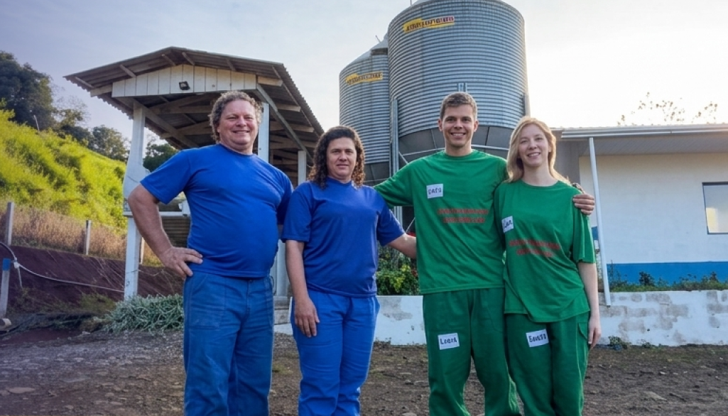 Quatro pessoas sorrindo em uma fazenda com silos.