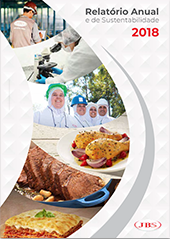 Capa PDF Relatório Anual de Sustentabilidade 2018 com logo JBS e 6 imagens de baixo para cima: homem com epi, pessoa analisando microscópio, equipe JBS uniformizada, pedaços de frangos, pedaços de carnes e uma lasanha