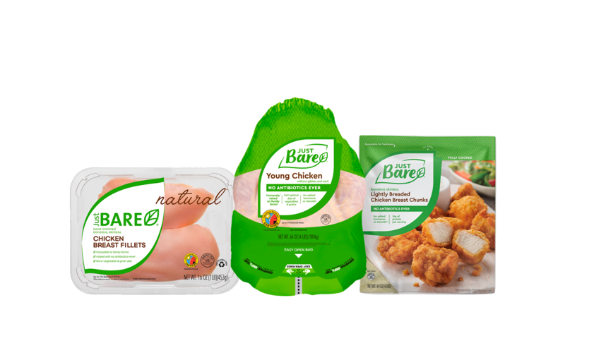 três pacotes de frango da marca Just Bare