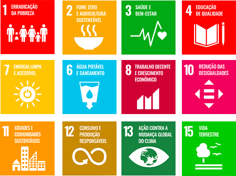 1 erradicação da pobreza 2 fome zero e agricultura sustentável 3 - saúde e bem-estar 4 - educação e qualidade 7 - Energia limpa e acessível 6 - Água potável e saneamento 8 - Trabalho decente e crescimento econômico 10 - Redução das desigualdades 11 - Cidades e comunidades sustentáveis 12 - Consumo e produção responsáveis 13 - Ação contra a mudança global do clima 15 - Vida terrestre