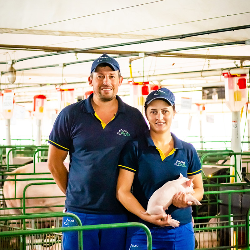 Um homem e uma mulher com uniforme Agro segurando um porco filhote