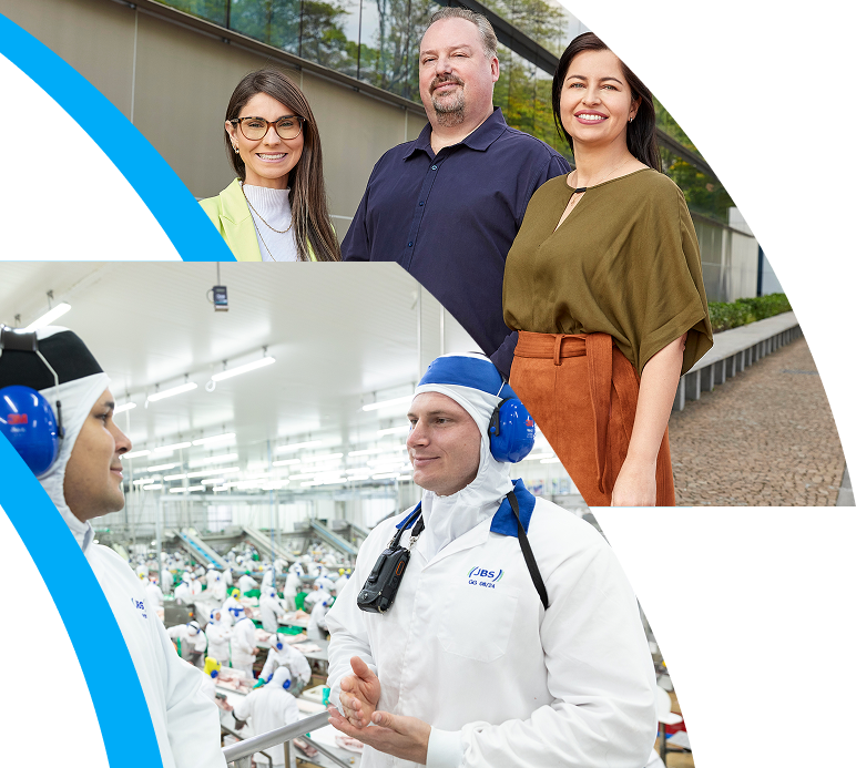 Colagem de funcionários em escritório e linha de produção.