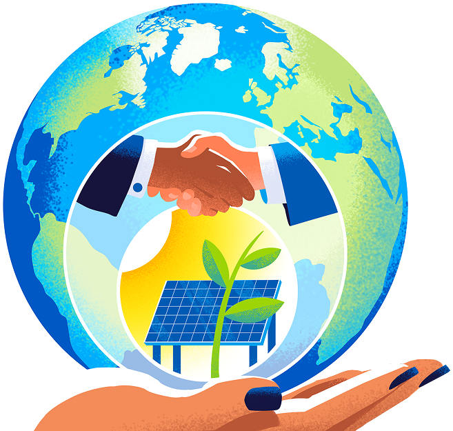 Hand holding globe with handshake and clean energy.