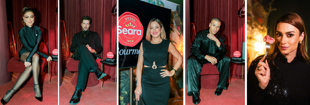 Celebridades posam para foto em ambiente acarpetado vinho com a marca Seara Gourmet. A foto traz 2 homens e 3 mulheres, sendo uma delas em fundo de luz amarela traz um garfo com uma fatia de mortadela enrolada na cor rosada.